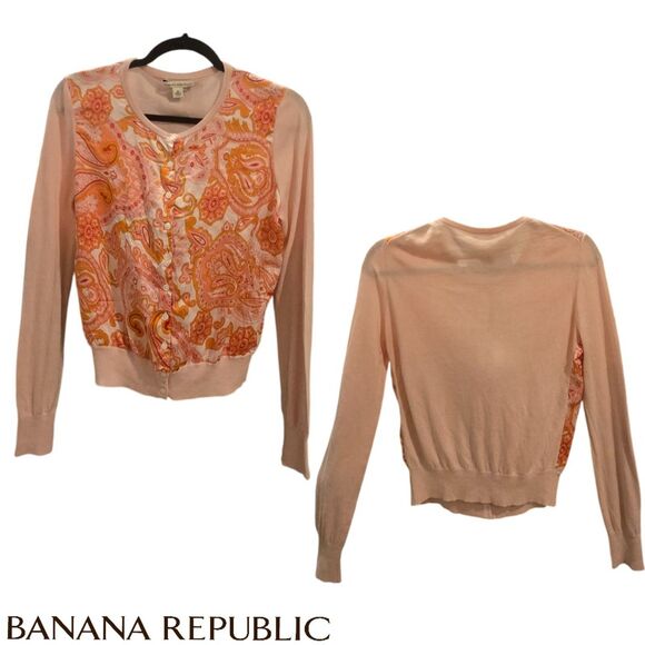 Banana Republic Retro Pink Paisley Cardigan Sweater Silk Front Button Down Mediu - Picture 1 of 4